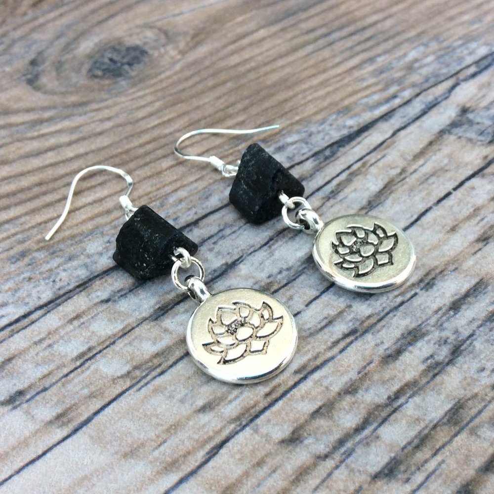 Raw Black Tourmaline earrings, Lotus earrings, crystal healing jewelry